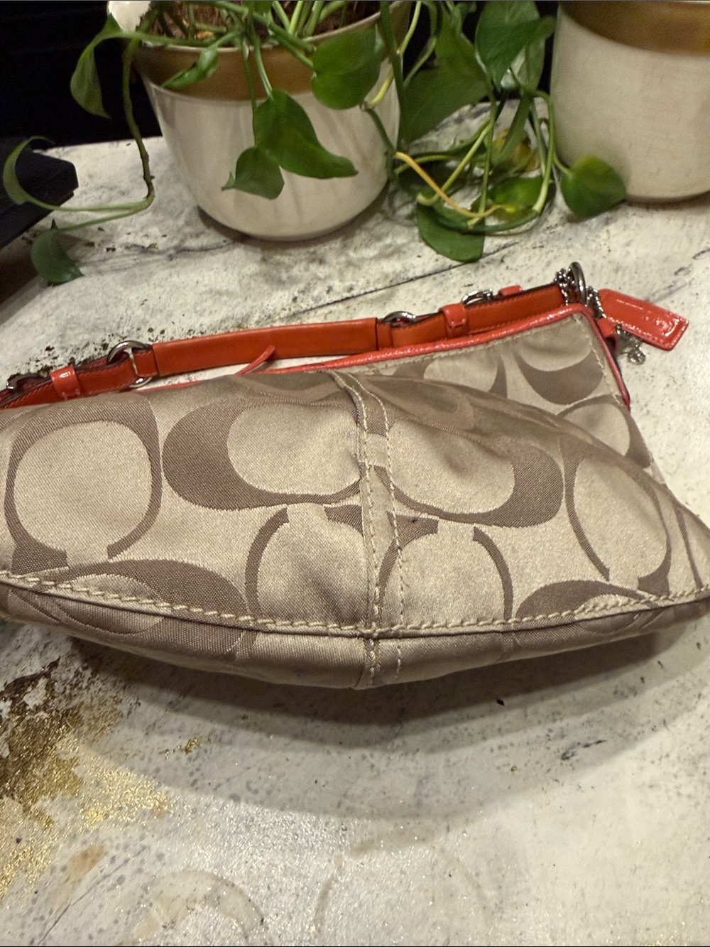Coach 12675 Signature C Khaki Jacquard Hobo Shoulder Bag Coral Leather - Picture 5 of 10